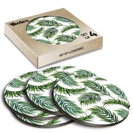 4 x Round Coasters - Tropical Green Fern Leaf Pattern Nature Cork Backed MDF Glossy Tea Coffee Accessory #53501