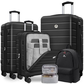 Classic 5-Piece Luggage Set Lightweight Hardside Suitcase TSA Lock Spinner Wheels, 20" Expandable Carry-On Luggage with Front Open Pocket, Bonus Travel Backpack & Makeup Bag, 20/24/28 inch, Black