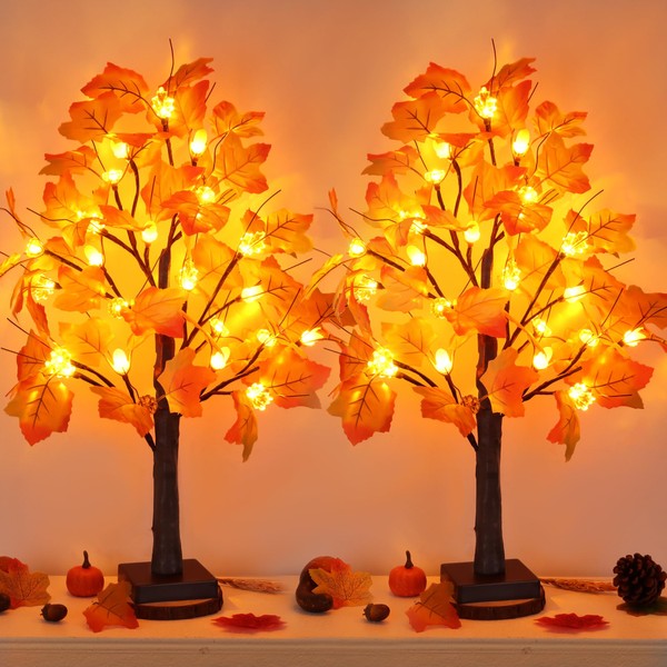 2 Pack 24 Inch Artificial Lighted Maple Tree with 48