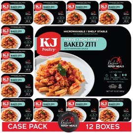 KJ Poultry Kosher Parve Ready Meals - Baked Ziti, MRE Meals Ready to Eat, Halal, (12 Pack) Prepared Entree Fully Cooked, Shelf Stable Microwave Dinner Travel, Military, Camping, Emergency Survival