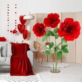 1 Set 4.5 ft Giant Artificial Flowers Giant Red Rose for Backdrop Decorations Valentine's Day Huge Flannel Flower with Standing Base Creative Gift for Window Reception Banquet Ceremony Floral Decor