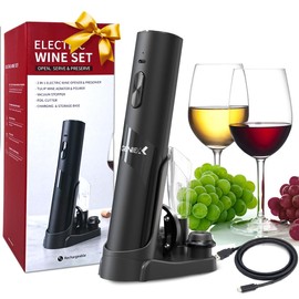 GenieX 6-1 Electric Wine Opener Set with Charging Base, Automatic Wine Opener & Wine Preserver COMBINED | Electric Corkscrew Bottle Opener at BOTTOM + Touch Control Wine Saver at TOP - Cool Wine Gifts