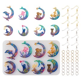 Handship 141pcs Resin Earring Mold Kit Assorted Animal Moon Pendant Silicone Molds Cat Rabbit Deer Mermaid Crescent Epoxy Resin Casting Mold with Earring Hooks for DIY Earrings Jewelry Making