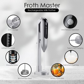 GOCHA Gadgets | Rechargeable Milk Frother Handheld with Stand | Electric Frother Mixer | Foamer for Coffee, Cappuccino, Latte, Matcha | 2 Speed Adjustable | Portable Type-C Wireless Charging (Silver)