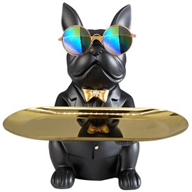 Huhote Bulldog Sculpture Decoration, French Bulldog Tray Decorative Statue, Bulldog Key Bowl for Living Room, Table Decoration, Desk Decoration, Home Decor, Gifts (Black)