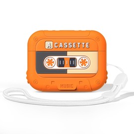 FEWGEY for Airpods Pro 2 Case, Airpods Case Cover Vintage Cassette Tape with Lanyard for Men & Women, Wireless Charge Support with Magsafe, Cute Retro Cartoon Silicone Protective Cover, Orange