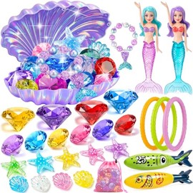Jeowoqao Diving Pool Toys for Kids Diving Gem Treasure Chest, 29Pcs Seek Treasure Underwater Set Shark Dive,Diving Rings Summer Swimming Pool Party Sinking Toy for Kids 3-10 Multiple Competition Toys