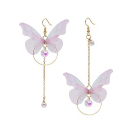 Long Butterfly Chain Tassel Drop Dangle Earrings for Women Asymmetric Butterfly Pearl Circle Pendants Earrings Colored Tulle Butterfly Wings Earrings, Zinc, no inlay