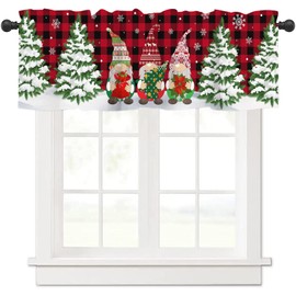 Abaysto Christmas Valance for Windows Christmas Gnome Window Toppers Valances Rod Pocket 1 Panel Xmas Tree Red Buffalo Plaid Window Treatments for Bedroom Kitchen Bathroom 45x137cm