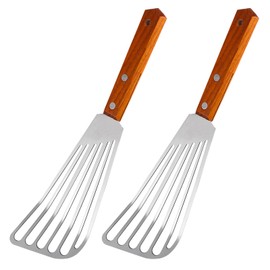 SANTUO 2pcs Stainless Steel Fish Slice Spatula with Solid Wooden Handle eat Resistant Fish Spatula Metal Flexible Slotted Turner for Cooking Fish Egg Pancake Omelette