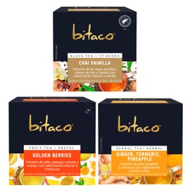 Bitaco | Pack de 3 cajas de Té Negro Chai Vainilla + Té Herbal de Jengibre + Té Frutal Golden Berries | 30 bolsitas