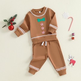 Baby Boy Girl Christmas Outfit Gingerbread Man Crewneck Sweatshirt and Pants Set Toddler Fall Winter Clothes (Gingerbread Outfit-Brown,6-12 Months)