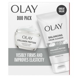 Olay Collagen Peptide Duo Pack Face Wash and Moisturizer Set Fragrance-free skincare routine with 5 ounces of Balance Cream Cleanser and 1.7 ounces of moisturizer for normal skin / 올레이 콜라겐 펩타이드 듀오 팩 세안 및 보습제 세트 밸런스 크림 클렌저 5온스와 일반 피부를 위한 보습 1.7온스가 포함된 무향 스킨케어 루틴