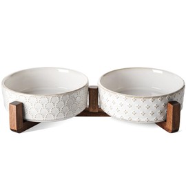 LE TAUCI Dog Bowl Set with Acacia Wood Stand - 1.5-Cup Ceramic Puppy Bowls for Small Dogs, Dual Food and Water Bowls with Weighted Non-Slip Base, Clover