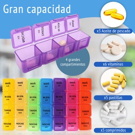 Weekly Pill Box 4 Compartments Spanish with Schedule Pill Organiser for Travel with Weekly Sleeve