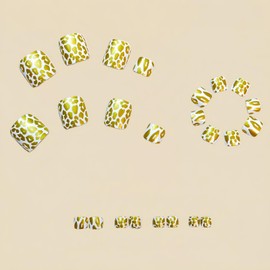 Golden Leopard Print Press on Toenails Short Square Fake Toenails Glossy Acrylic Stick on Toenails Full Cover Artificial Glue on Toenails Reusable False Toenails Kit for Women Girl 24Pcs