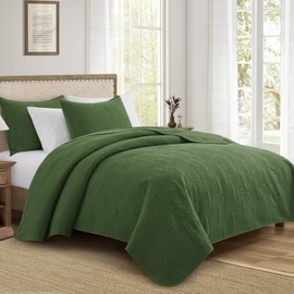 Lavsiry Quilt Queen Size with Pillow Shams, Summer Lightweight Full Size Arch Pattern Bedspreads, Soft Microfiber Thin Comforter Coverlet Bedding Set for All Seasons - Olive Green, 90"x96"