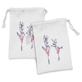 Ambesonne Retro Fabric Pouch Set of 2, Watercolor Style Illustration Dancing Ballerina Mice with Pink in Pink Dresses, Small Drawstring Bag for Toiletries Masks and Favors, 9" x 6", Multicolor