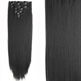 22Inch Long Straight Wavy Hair Extension 7Pcs/Set 16 Clips High Tempreture Synthetic Hairpiece Clip in Hair Extensions LISI HAIR - Color: 1B (200744459_200003637), Stretched Length: 24Inches (200744459_200003637)