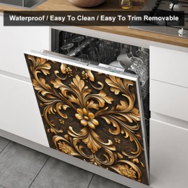 BlissYard Baroque Floral Dishwasher Magnet Cover 23x26 Inch Golden Floral Dishwasher Magnet Metal Flower Cover Engraved Pattern Sticker Fridge Refrigerator Magnetic Home Appliances Kitchen Decoration