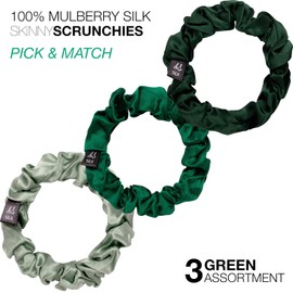 BasicSense Silk Hair Scrunchies Luxurious Mulberry Hair Tie - Skinny Scrunchy Set of 3pcs, Green Assortment