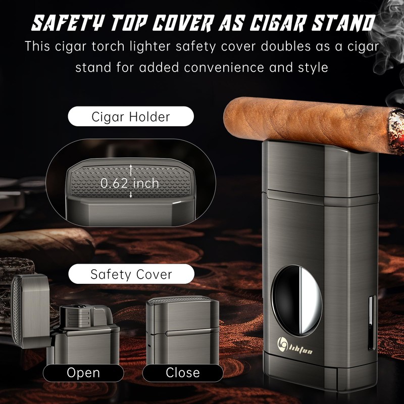 LIHTUN Multi-Function Cigar Torch Lighter - Built-in Cigar Holder &