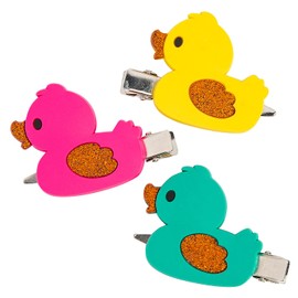 Fun Express 2" x 1 3/4" Yellow, Green & Pink Lucky Duck Rubber Hair Clips - 12 Pieces