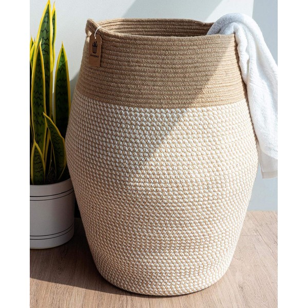 Goodpick Laundry Hamper | Woven Cotton Rope Dirty Clothes Hamper Tall kids Curve Laundry Basket Large, 25.6 x 17.71 Inch