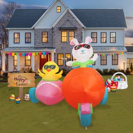 InfleasJoiy 8FT Bunny Driving Easter Inflatable Decoration with Built-in LED Lights for Holiday Celebration Decorations for Yards, Lawns and Patios