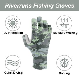 Riverruns UPF 50+ Fishing Gloves UV Protection Fingerless Sun Gloves Men Women for Outdoor, Kayaking, Rowing, Driving, Hunting(CamoGreenScilicone, L)