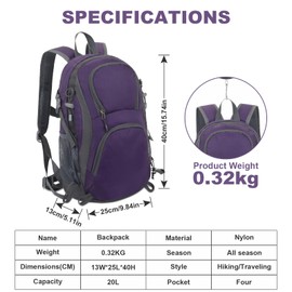 jianyana Backpack 20L Hiking Backpack Daypacks Waterproof Foldable Rucksack Lightweight Durable Travel for Camping Walking Cycling Outdoor Sports for Women Men