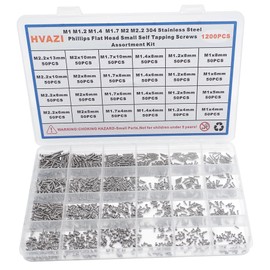 HVAZI 24 Kinds 1200PCS M1 M1.2 M1.4 M1.7 M2 M2.2 Small 304 Stainless Steel Phillips Flat Head Self Tapping Screws Assortment Kit