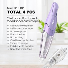 CINBOS Refillable Retractable White Correction Tape, White Smooth Pull Out Correction Tape with 2 Extra Refills, Cute Correction Tape for Office Supplies, 4 PCS (CS-26)