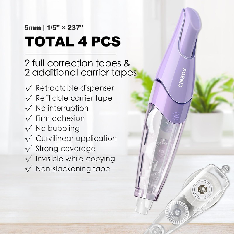 CINBOS Refillable Retractable White Correction Tape, White Smooth Pull Out