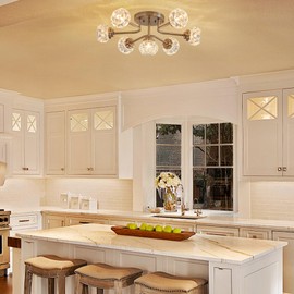 Cabvope 7-Light Modern Sputnik Ceiling Light Fixtures, Brushed Nickel Dining Room Chandelier for Bedroom Living Room Hallway Kitchen Foyer Hall, Glass Close to Ceiling Light Lamp