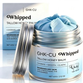 GHK-Cu Copper Peptides Beef Tallow Balm, Whipped Grass-Fed Tallow, Honey & Vitamin E, Face & Body Moisturizer for Dry, Sensitive, Aging Skin, 60g