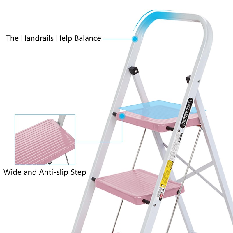 LUISLADDERS Step Ladder, Folding 3 Step Stool with Handgrip Anti-Slip