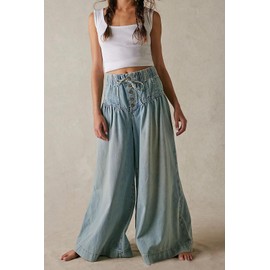 loveimgs Women Y2k Pleated Baggy Jeans Elastic Waist Wide Leg Denim Pants Palazzo Cargo Barrel Jeans Drawstring (Medium,Light Blue)