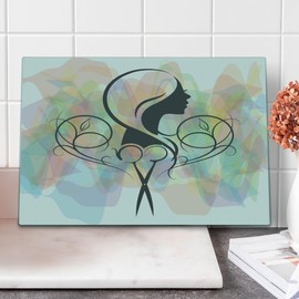 Ambesonne Hair Salon Cutting Board, Hairdresser Concept a Lady Silhouette with Scissor on Pastel Color Backdrop, Decorative Tempered Glass Cutting and Serving Board, Large Size, Multicolor
