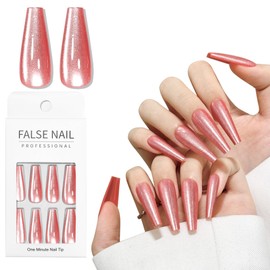 Red Cat Eyes Press On Nails,12 Sizes - 24 Pcs Soft Gel Red Long Coffin Fake Nails Kit with Nail Glue, Natural Reusable Stick On False Nails for Women and Girls SK1054