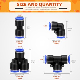 Tanstic 40Pcs 5/32 Inch OD Push to Connect Fittings Pneumatic Fittings Kit, Plastic Air Line Pneumatic Fittings Kit, 10 Splitters+10 Elbows+10 Tee+10 Straight