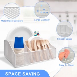 wishfly Paper Plate Holder for Countertop,Paper Plate Dispenser,Metal Silverware Caddy with 6 Compartments,Picnic and Camping Utensil Holder for Plates Cups Napkins Forks Knives Spoons-White