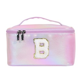 Large Preppy Patch Makeup Bag,Travel Cosmetic Bags PU Leather Portable Waterproof Toiletry Storage Case with Chenille Letter Zipper Daily Use Pouch for Women,Gradient Purple B