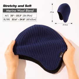 Oversized XL/XXL Merino Wool Blend Fleece Lining Waterproof Earflap Beanie Hat Extra Large Big Head Men Women Winter Knit Warm Skull Cap Skiing Cold Weather Navy Blue