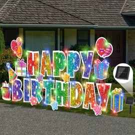 Vivantia 25 Pieces Happy Birthday Yard Signs with 23ft Solar LED Light Outdoor Lawn Signs with Stakes Letters Balloons Lawn Decoration for Birthday Party Supplies, Deep Glitter Rainbow