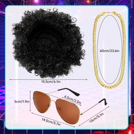 Men's Wig 70s 80s 3 Pieces with Gold Chain Sunglasses Black Hippie Wig Carnival Wig Afro Wig for Carnival Party 70s Outfit Men's Hippie Costume Accessories