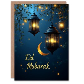 Artery8 Eid Mubarak Greeting Card Tree Lanterns Stars and Crescent Moon Blank For Him Or Her Art Eid al-Fitr Card
