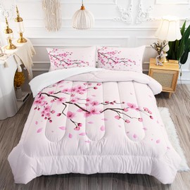 XYNHML Cherry Blossoms Comforter Set Queen Size 3Pcs Romantic Theme Pink Bedding Set Girl Floral Down Quilt with 1 Comforter and 2 Pillowcases