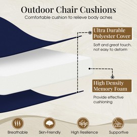 downluxe Outdoor Chair Cushions Set of 4 for Patio Furniture, Waterproof Round Corner Patio Chair Cushions with Ties, Memory Foam Outdoor Seat Cushion, 17" X 16" X 2", Navy
