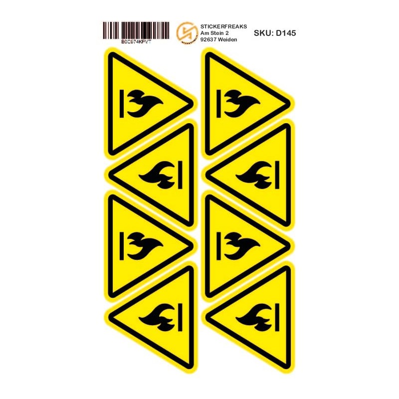 Pack of 8 Warning Stickers 6 x 5 cm Fire